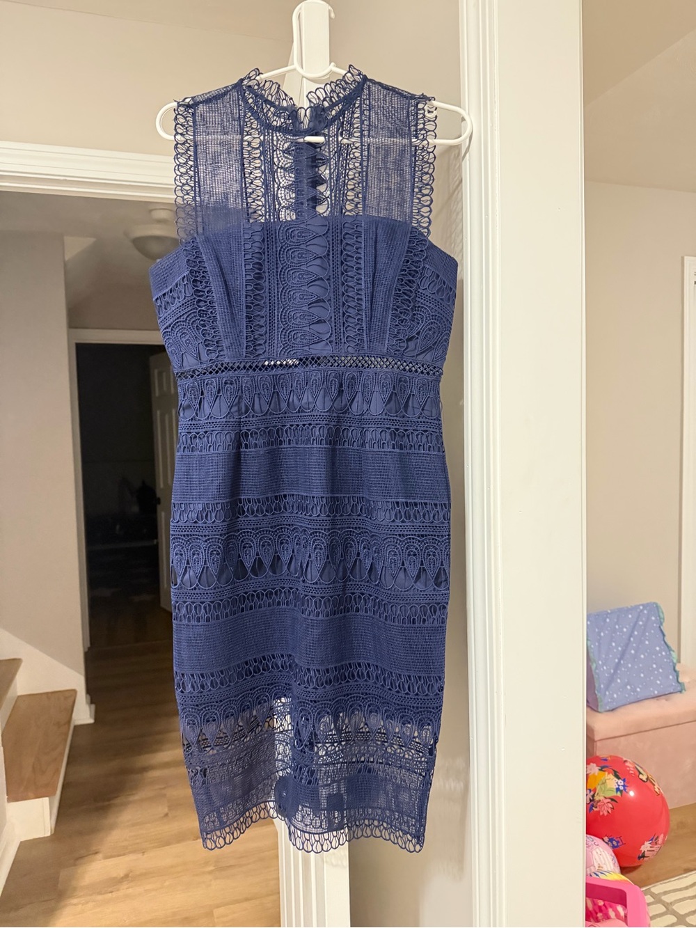 Bardot Navy Lace Midi Dress with High Crochet Neck